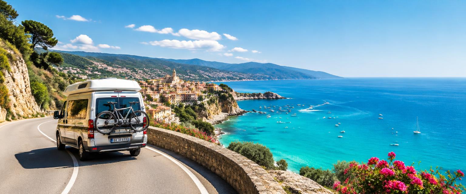 Camper van on a scenic Mediterranean coastal road in summer