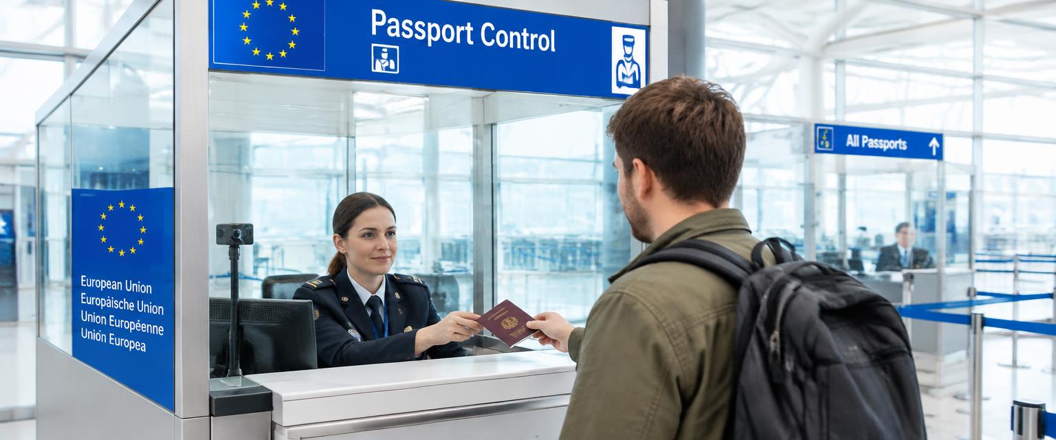 Traveller handing a passport to an EU border officer at passport control