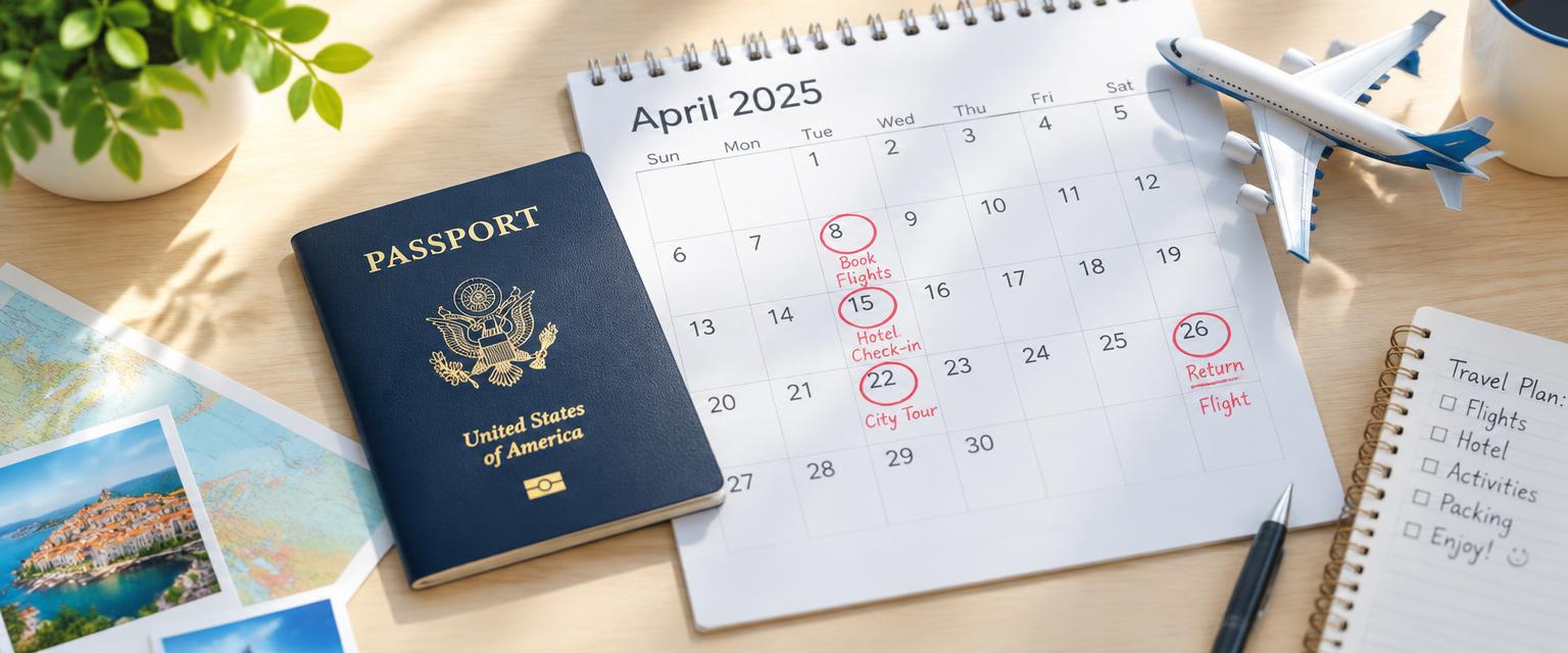 Passport beside a calendar with circled travel dates