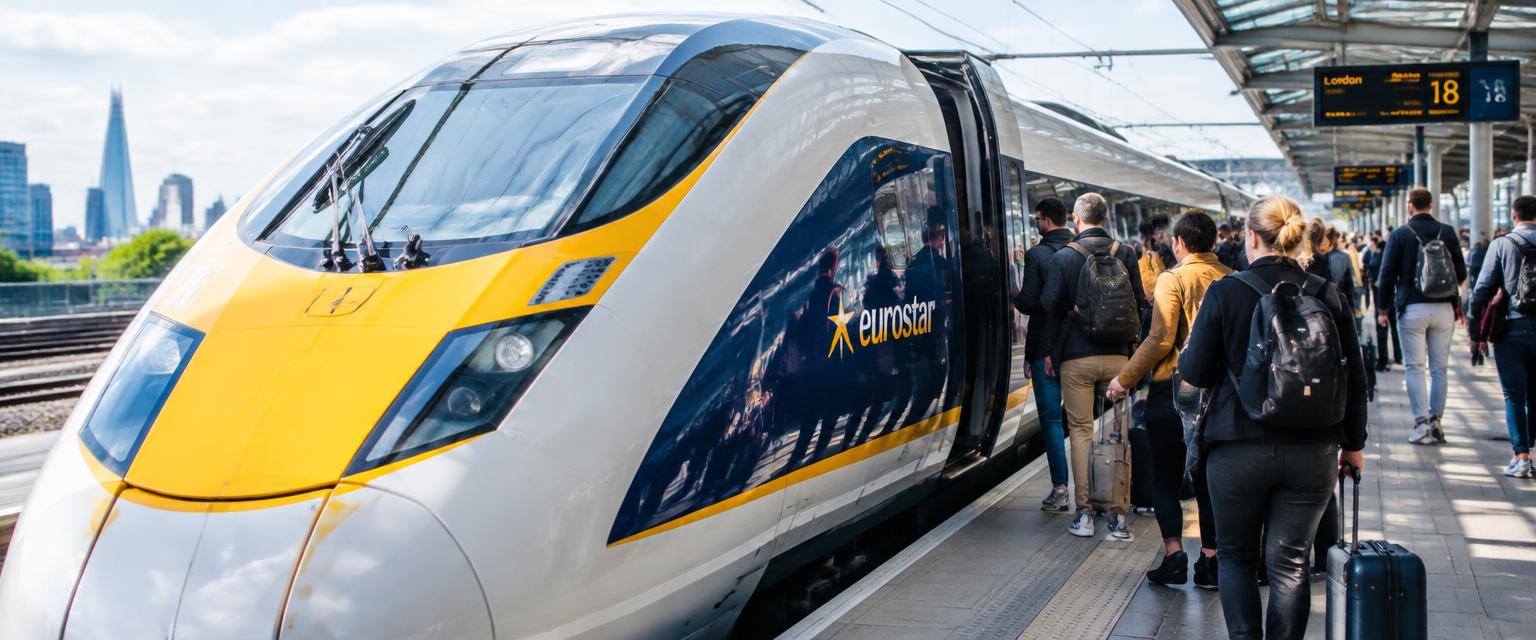 Eurostar train at a sunny London platform with passengers boarding