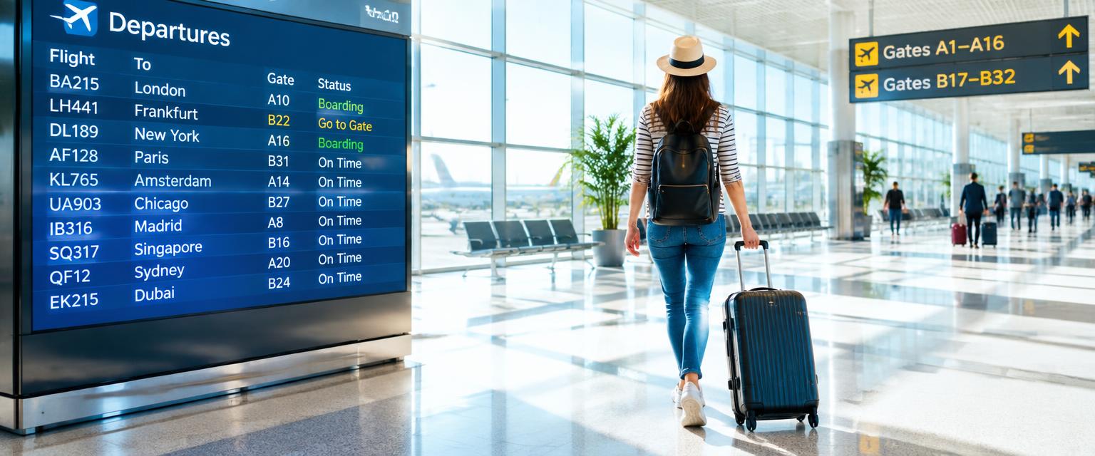 Traveller with a suitcase walking through a sunny airport departures hall