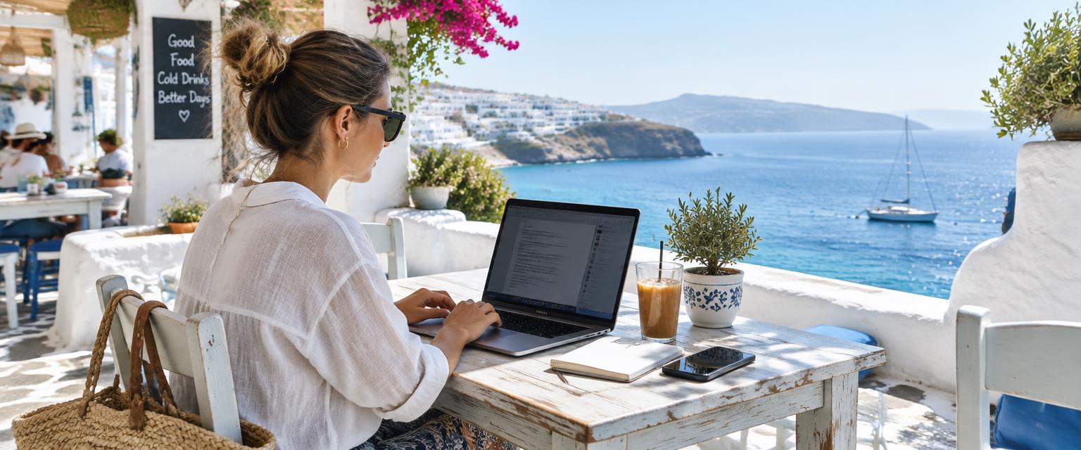 Digital nomad working on a laptop at a sunny seaside café in Greece
