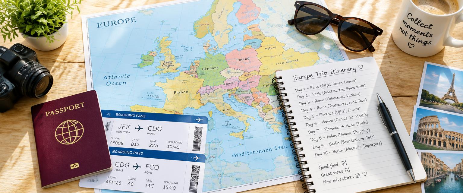 Map of Europe with passport, boarding passes and a handwritten trip itinerary