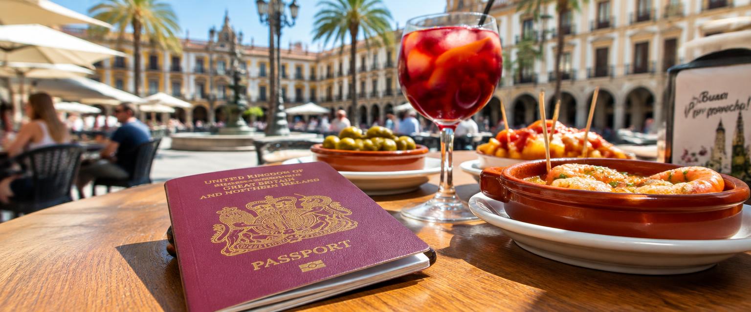 British passport on a café table in a sunny Spanish plaza