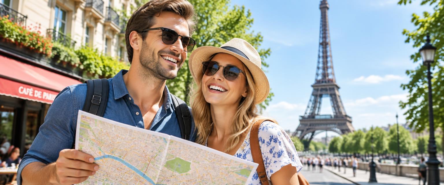 Happy American tourists with a map on a sunny Paris street near the Eiffel Tower